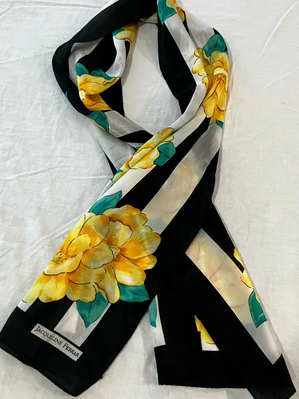 80's Jacqueline Ferrar Black, White & Yellow Floral Stripe Silk Scarf